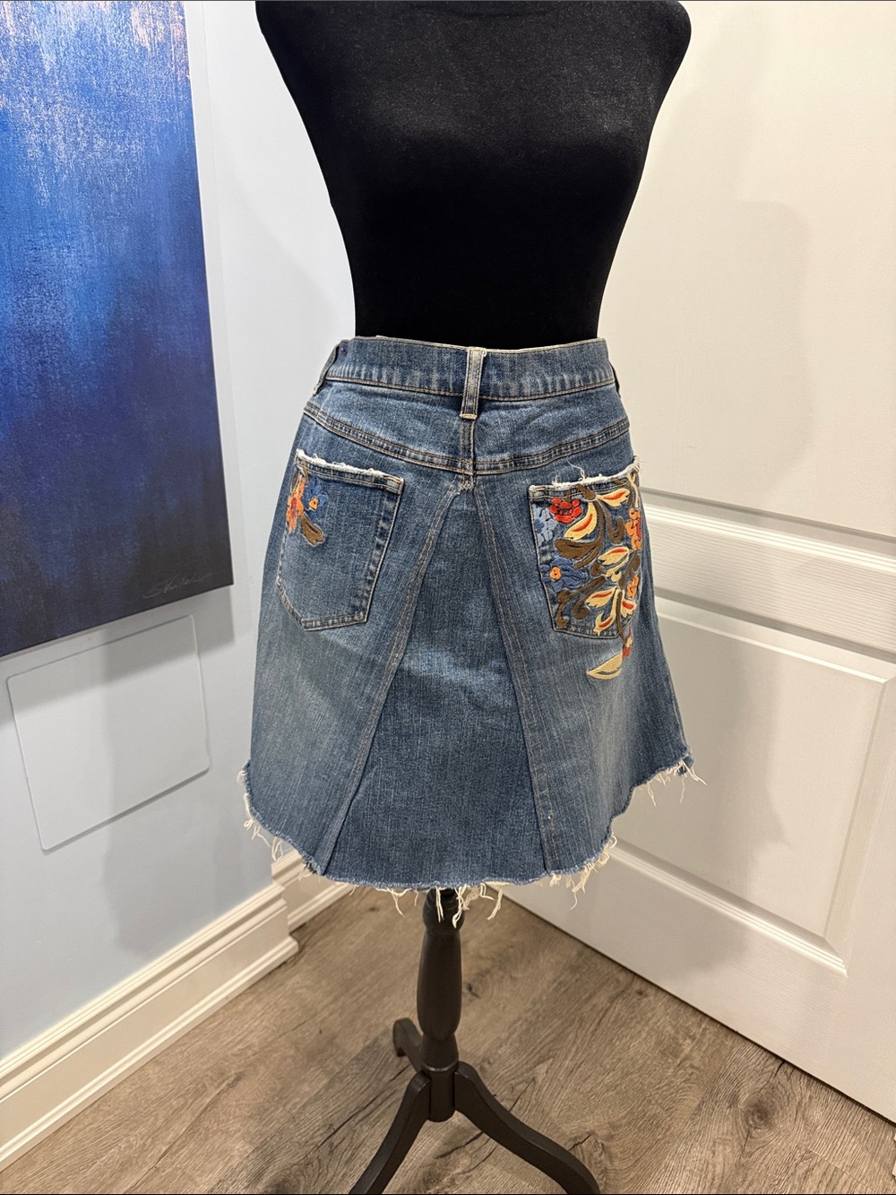 Embroidered Casual Blue Denim A-Line Mini Skirt